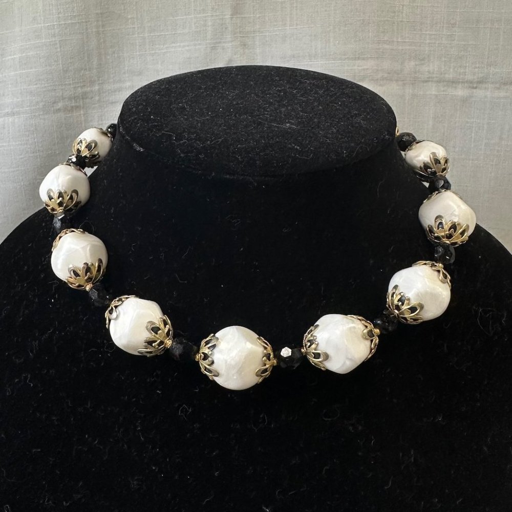 Vintage Deauville Large Faux Pearl with Black Glass Beaded Choker Necklace